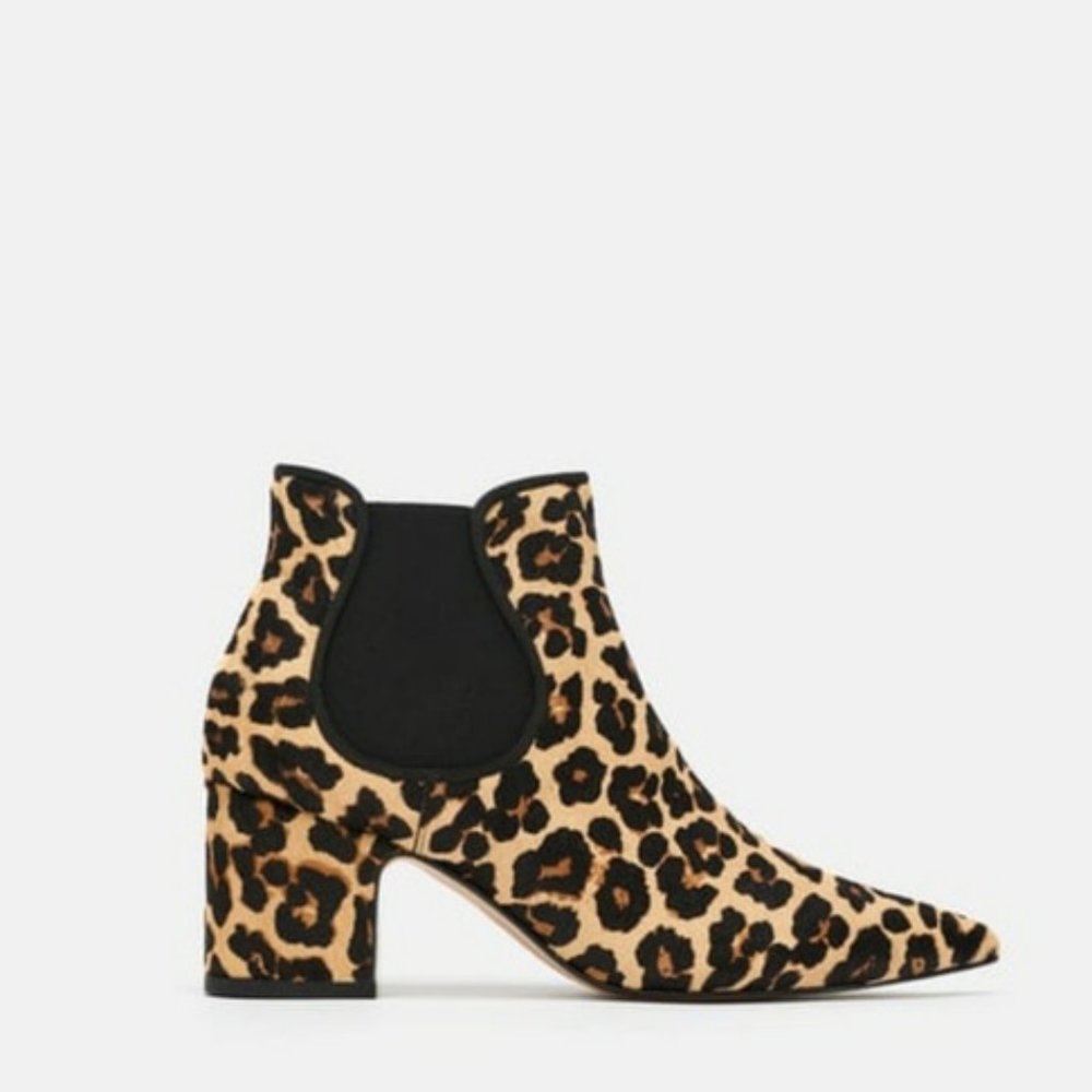 ZARA Pony Hair Cheetah Print Point Toe Ankle Boots Size 41